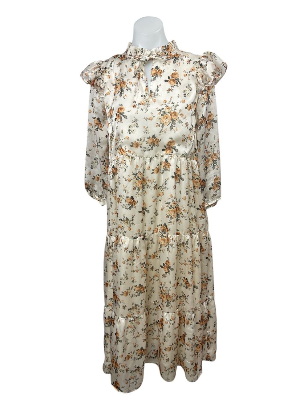 Olivia Rohde Beige Satin Floral Ruffle Long Sleeve Tiered Midi A-Line Dress 16